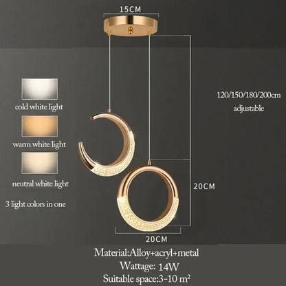 Gold-toned DecorBites™ pendant light moon lamps set with textured acrylic surfaces in modern LED ring design