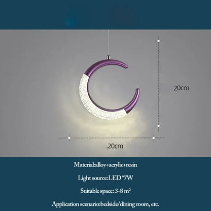 Purple and white crescent-shaped pendant light with textured acrylic and resin in DecorBites led ring and moon lamps set