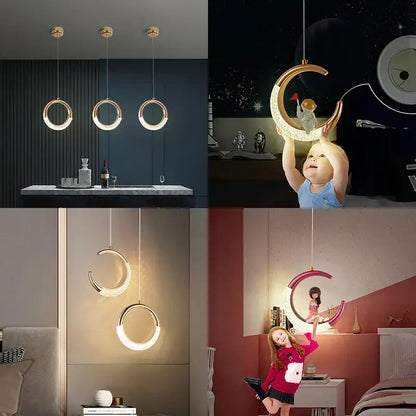 Gold-toned crescent moon pendant light with embedded LED lighting and textured sparkling acrylic and alloy finish from DecorBites™ moon lamps set