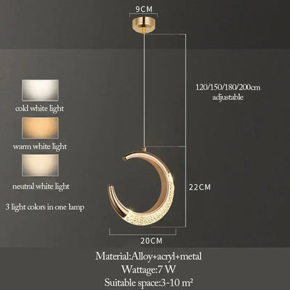 Gold-toned crescent moon pendant light with sparkling acrylic finish and adjustable hanging length in moon lamps set