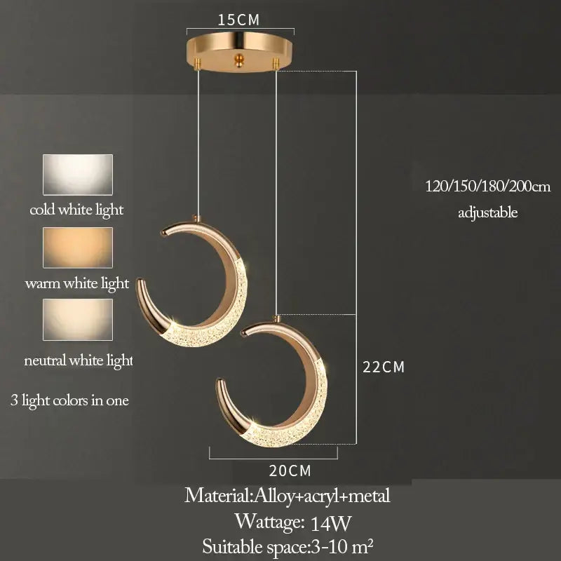 Gold-toned crescent-shaped pendant light with textured sparkling acrylic finish and adjustable length from decorbites™ moon lamps set