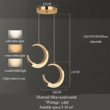 Gold-toned crescent-shaped pendant light with textured sparkling acrylic finish and adjustable length from decorbites™ moon lamps set