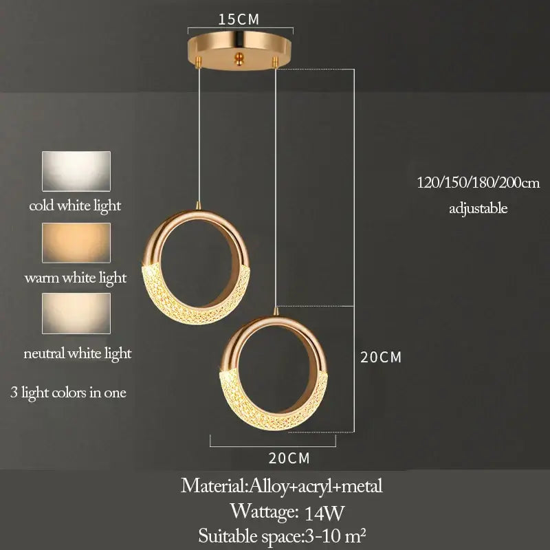 Gold-toned decorbites™ led ring and moon lamps set featuring circular pendant lights with textured acrylic finish and adjustable lengths
