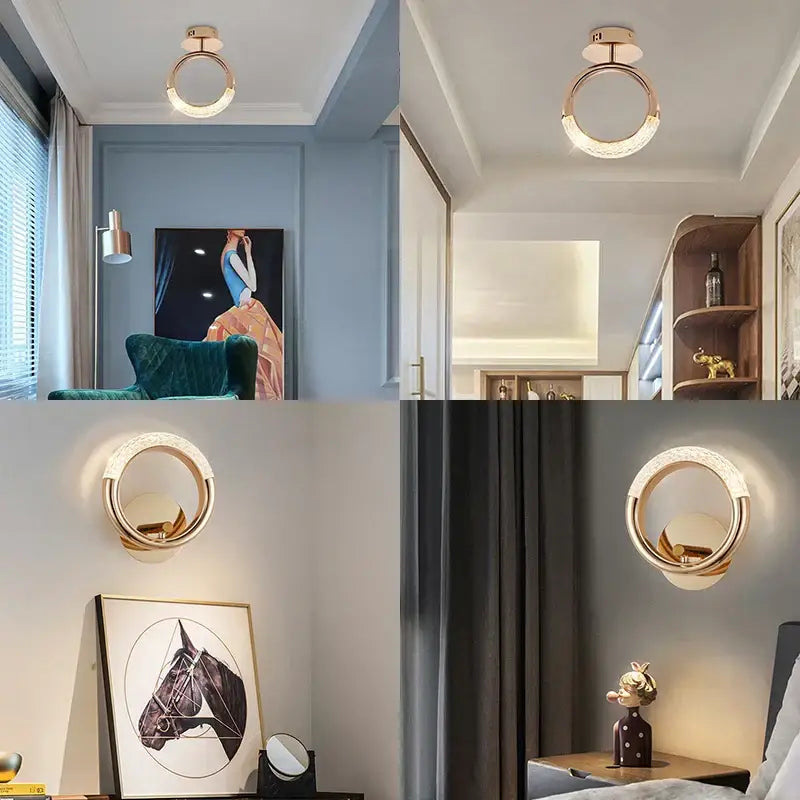 Modern gold-toned decorbites™ led ring and moon lamps set featuring a circular pendant light with acrylic and alloy materials