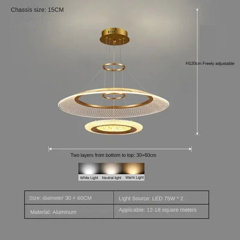 Modern gold-toned aluminum led ring ceiling chandelier with three concentric rings for living and dining rooms