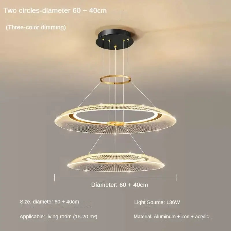 Modern two-tiered gold-toned led ring ceiling chandelier with black mount, aluminum iron acrylic for living and dining rooms