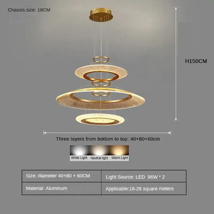 Gold-toned aluminum led ring ceiling chandelier with three mesh concentric circular layers for living and dining rooms
