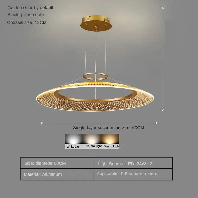 Gold-colored DecorBites™ led ring ceiling chandelier with mesh aluminum design for luxury living and dining rooms lighting