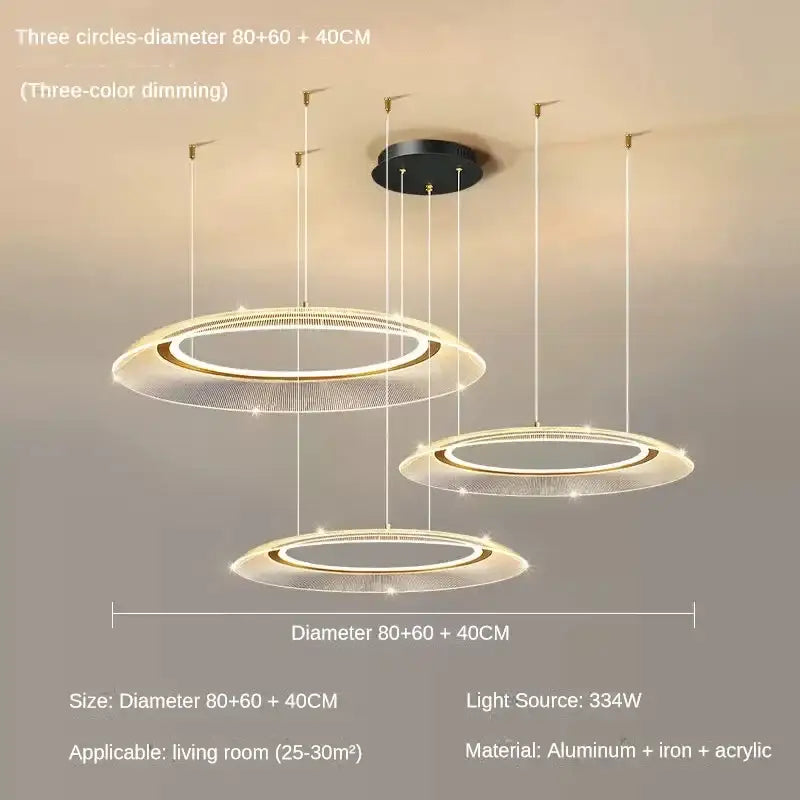 Modern decorbites™ led ring ceiling chandelier with gold-accented rings and clear acrylic diffusers for living rooms