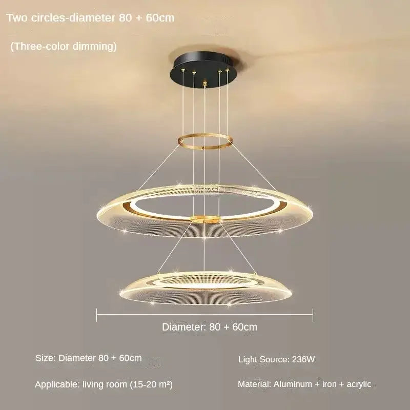 Modern DecorBites™ led ring ceiling chandelier with gold and clear acrylic rings and black ceiling mount for luxury spaces