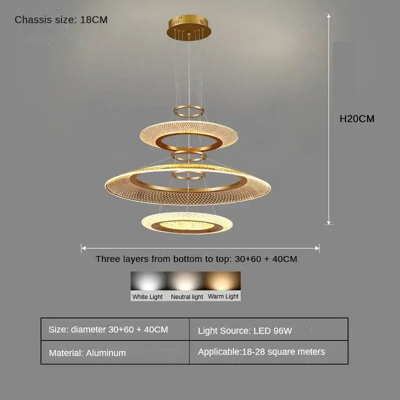 Modern gold-toned aluminum led ring ceiling chandelier with three concentric rings and led lighting for living rooms