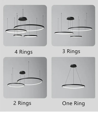 Modern minimalist black LED ring chandelier ceiling pendant with illuminated inner edges in one to four ring configurations