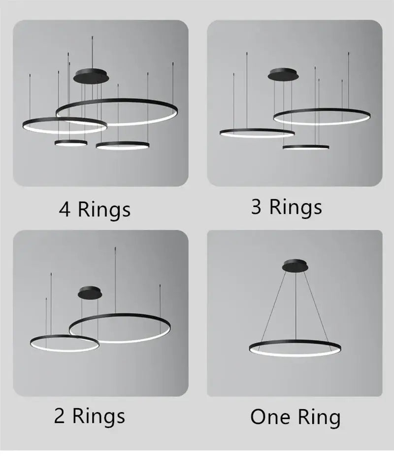Modern minimalist black LED ring chandelier ceiling pendant with illuminated inner edges in one to four ring configurations