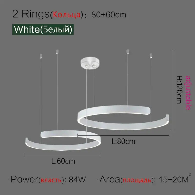 White modern led ring chandelier with two adjustable rings for home decor by DecorBites™ in Nordic style lighting