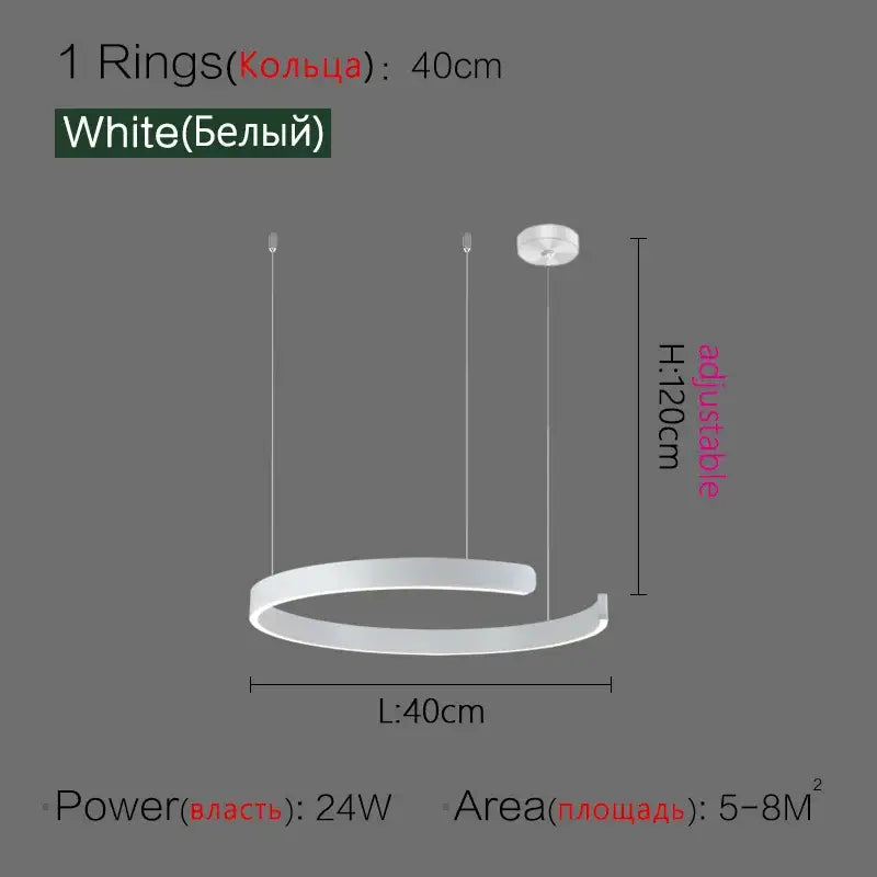 White circular led ring chandelier with sleek modern design and adjustable height for home decor lighting