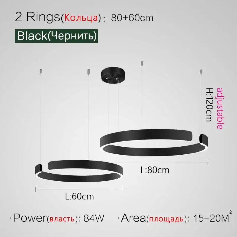 Black circular led ring chandelier with adjustable height and two ring sizes for modern nordic home decor