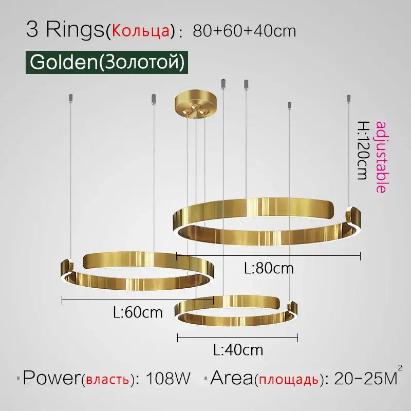 Golden circular led ring chandelier with three adjustable rings for modern nordic home decor lighting by DecorBites