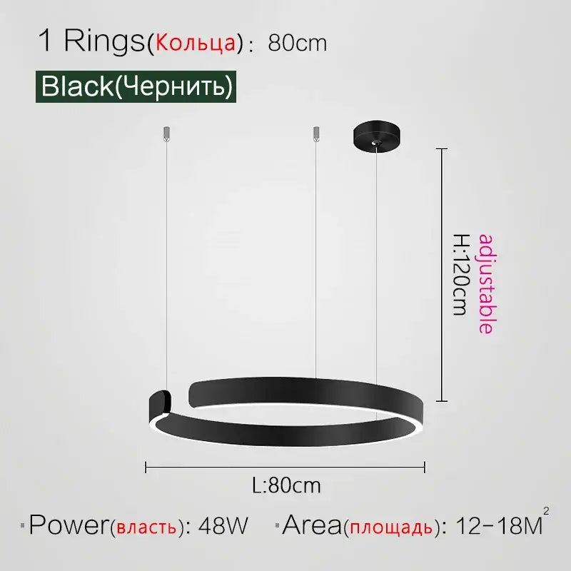 Black circular led ring chandelier with sleek modern nordic design and adjustable height for home decor lighting
