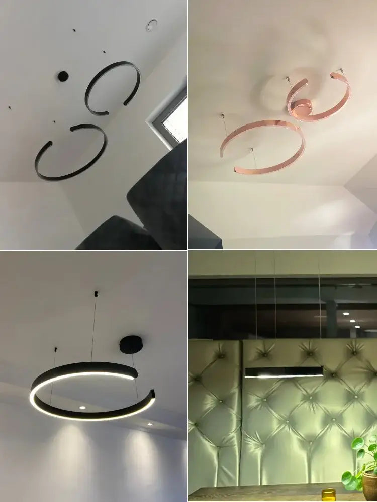 Decorbites™ led ring chandelier with modern minimalist black and rose gold metallic rings and integrated led lighting