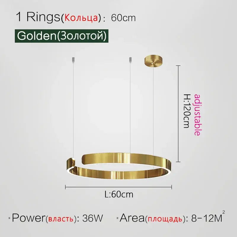 A sleek circular golden led ring chandelier with modern design and adjustable height for home decor by DecorBites™