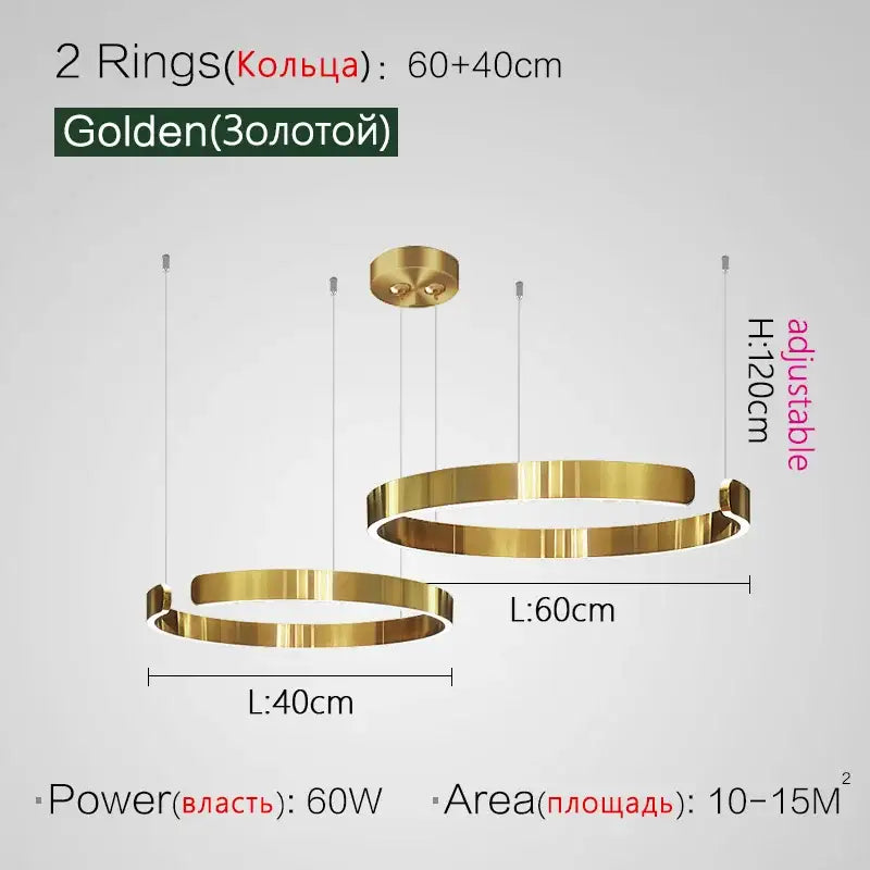 Golden circular decorbites™ led ring chandelier with two adjustable rings in modern nordic style lighting for home decor