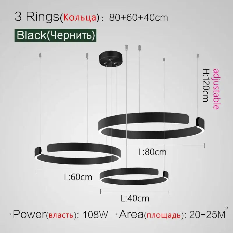 Black circular led ring chandelier with three adjustable rings modern Nordic style lighting for home decor