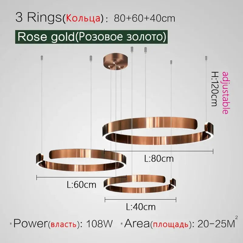 Decorbites™ rose gold led ring chandelier with three sleek adjustable circular rings for modern home decor
