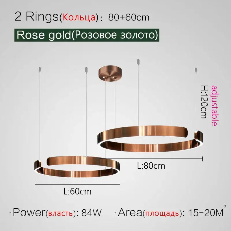 Rose gold led ring chandelier with adjustable height and sleek metallic rings for modern nordic home decor lighting