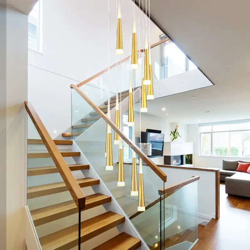 Decorbites™ led ring chandelier with golden cone-shaped pendant lights and frosted glass bases in modern indoor lighting design