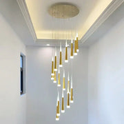 Gold-toned DecorBites™ LED ring chandelier with sleek tapered cylindrical lights and circular ceiling mount for modern indoor lighting