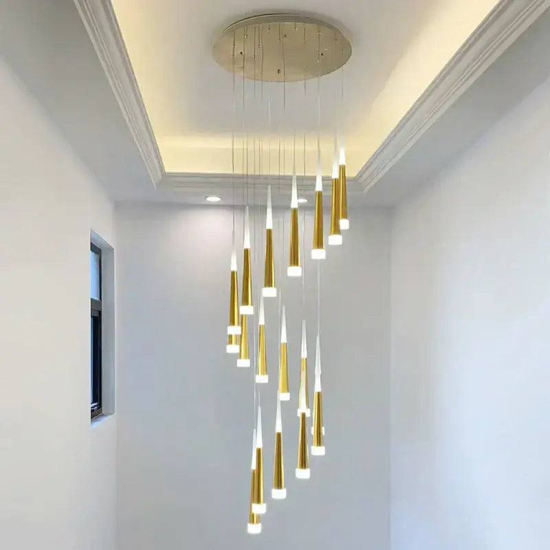 Gold-toned DecorBites™ LED ring chandelier with sleek tapered cylindrical lights and circular ceiling mount for modern indoor lighting