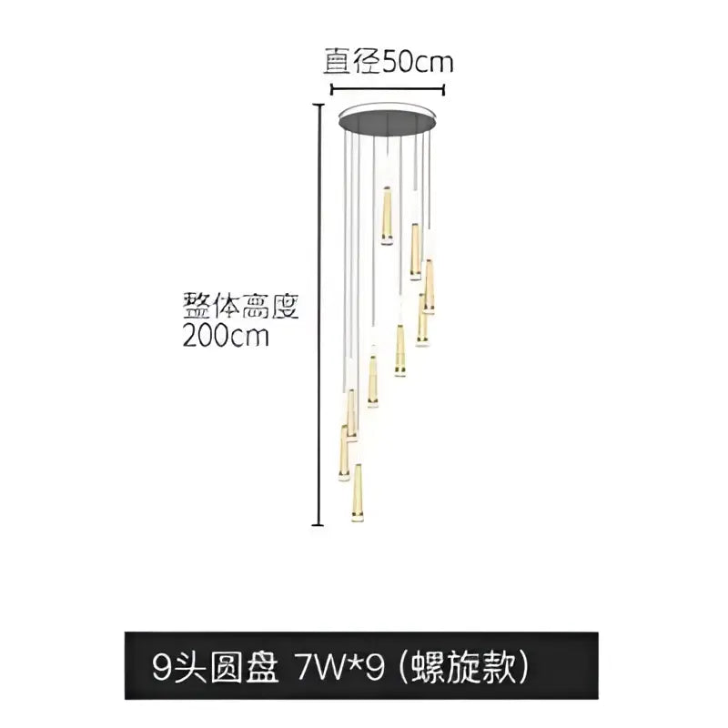 Decorbites™ led ring chandelier with nine golden-toned pendant lights in a modern cascading spiral design for indoor use