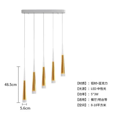 Modern minimalist led ring chandelier with five gold and white tapered shades on aluminum acrylic mount for indoor use