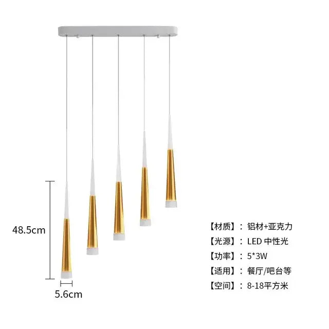 Modern minimalist led ring chandelier with five gold and white tapered shades on aluminum acrylic mount for indoor use