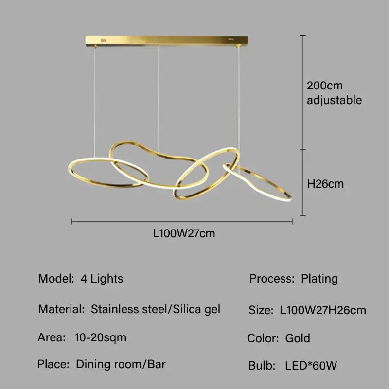 Gold-plated stainless steel and silica gel led ring chandelier with four interlocking rings for living and dining room decor