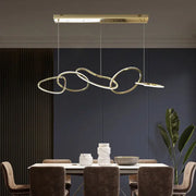 Gold-toned decorbites led ring chandelier with interlocking circular rings and sleek rectangular fixture for living room lighting