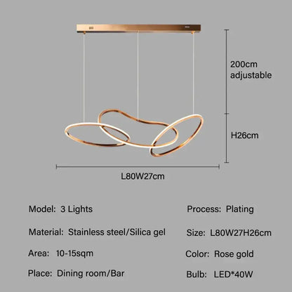 Rose gold led ring chandelier with three interlocking stainless steel and silica gel rings for living dining room lighting