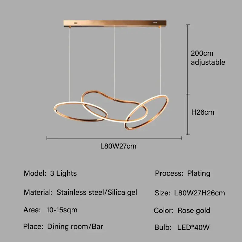 Rose gold led ring chandelier with three interlocking stainless steel and silica gel rings for living dining room lighting