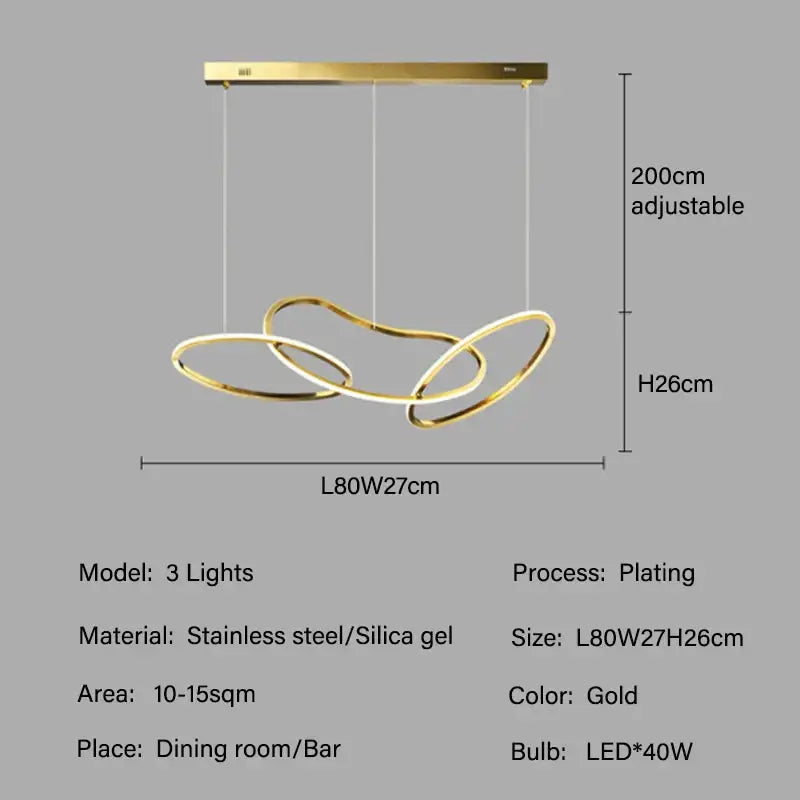 DecorBites™ gold-plated stainless steel led ring chandelier with silica gel three interlocking rings for living room lighting