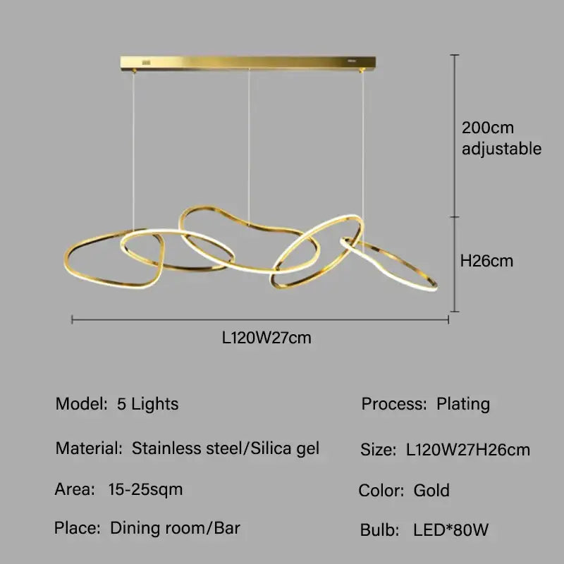 Gold-plated led ring chandelier with five interlocking stainless steel rings and silica gel for living dining room lighting