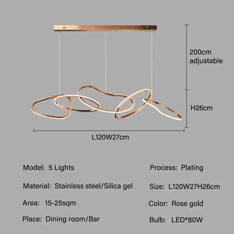 Rose gold decorbites led ring chandelier with five interlocking stainless steel rings and led bulbs for living dining room