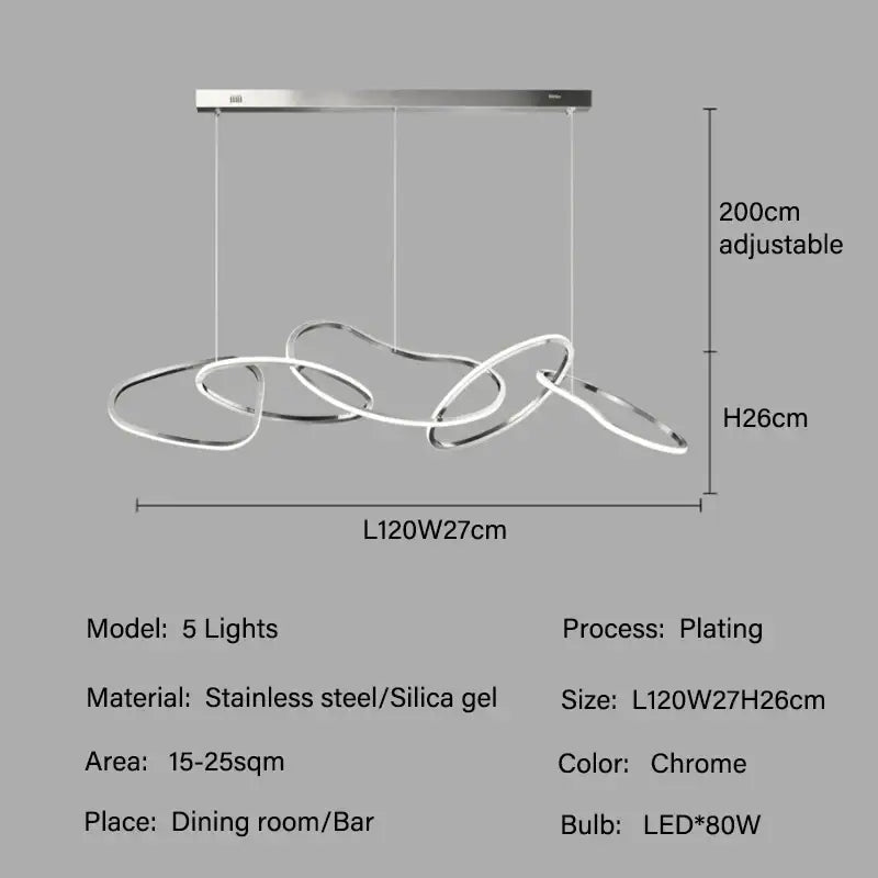 Chrome finished decorbites™ led ring chandelier with five interlocking stainless steel rings for living dining room lighting