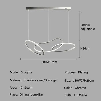 Chrome-finished DecorBites™ led ring chandelier with three interlocking stainless steel rings and adjustable 200cm length