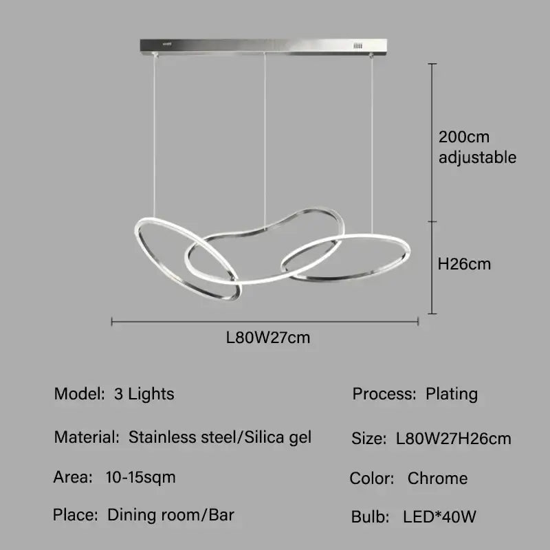 Chrome-finished DecorBites™ led ring chandelier with three interlocking stainless steel rings and adjustable 200cm length