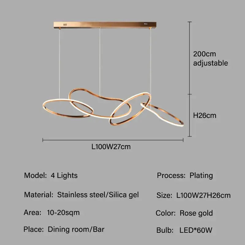 Rose gold DecorBites™ LED ring chandelier with intertwined stainless steel rings and four LED bulbs for living room lighting