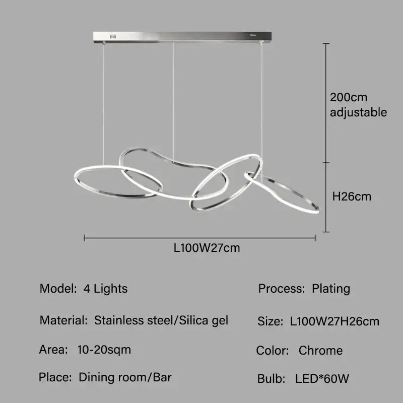 Chrome finished decorbites™ led ring chandelier with four interlocking glowing stainless steel rings for living dining room lighting