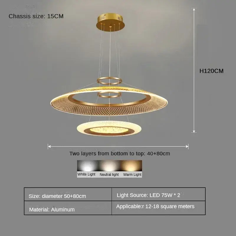Modern gold-toned aluminum DecorBites™ LED ring chandelier with layered circular rings and mesh design for luxury living room lighting