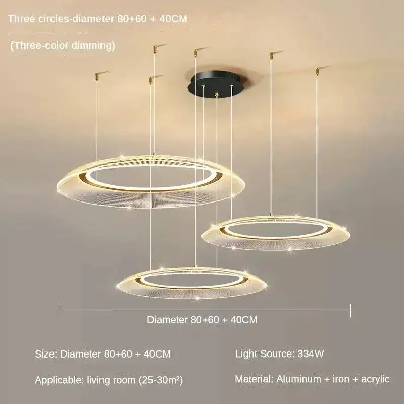 Modern decorbites™ led ring chandelier with three-tiered translucent acrylic rings and gold-toned lighting fixture accents
