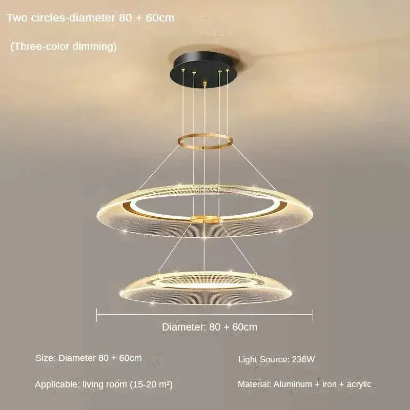 Modern two-tiered decorbites™ led ring chandelier with gold metal rings and acrylic panels for luxury living rooms
