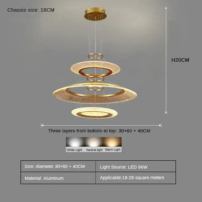 Gold-toned aluminum led ring chandelier with three concentric mesh layers and integrated led lighting fixture for living room